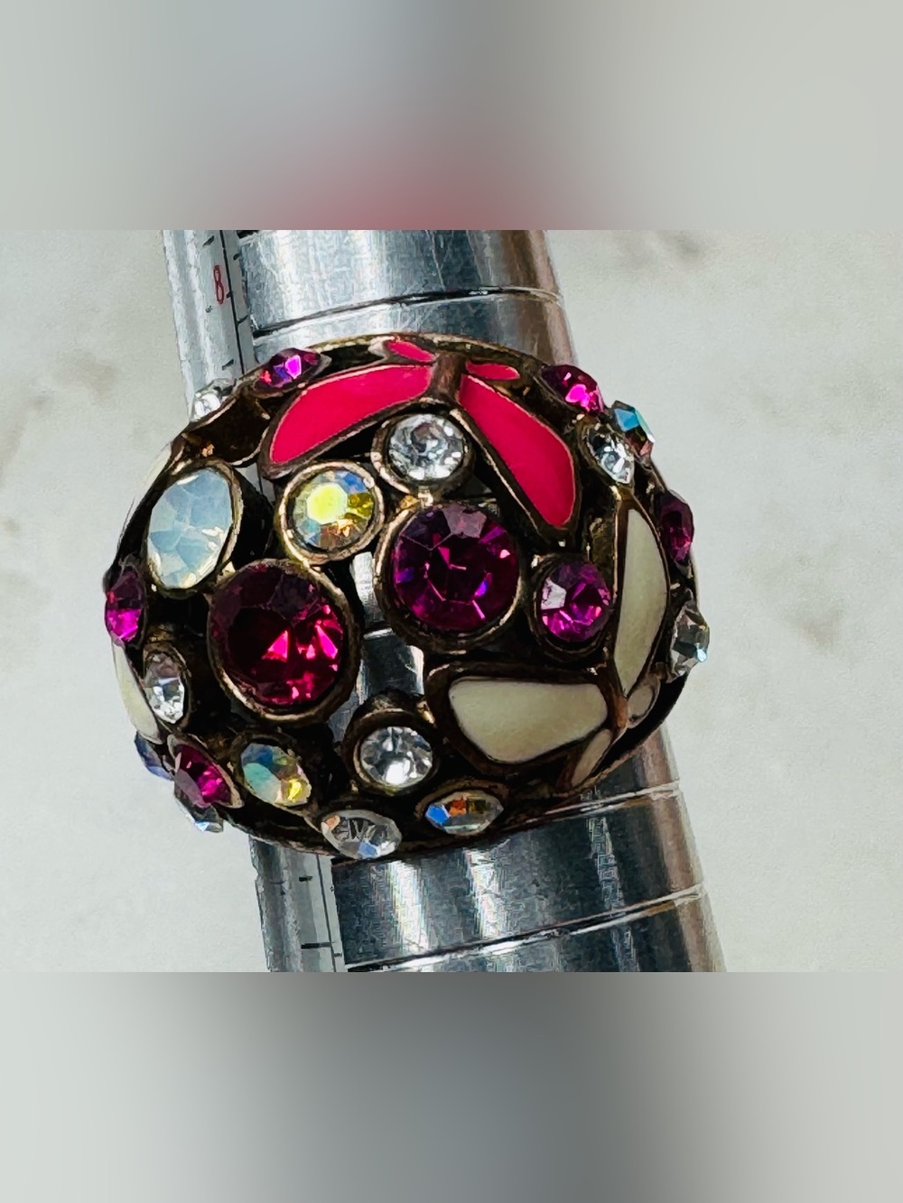 Statement Dome Cocktail Ring with Pink and White Enamel Butterflies - Picture 1 of 6